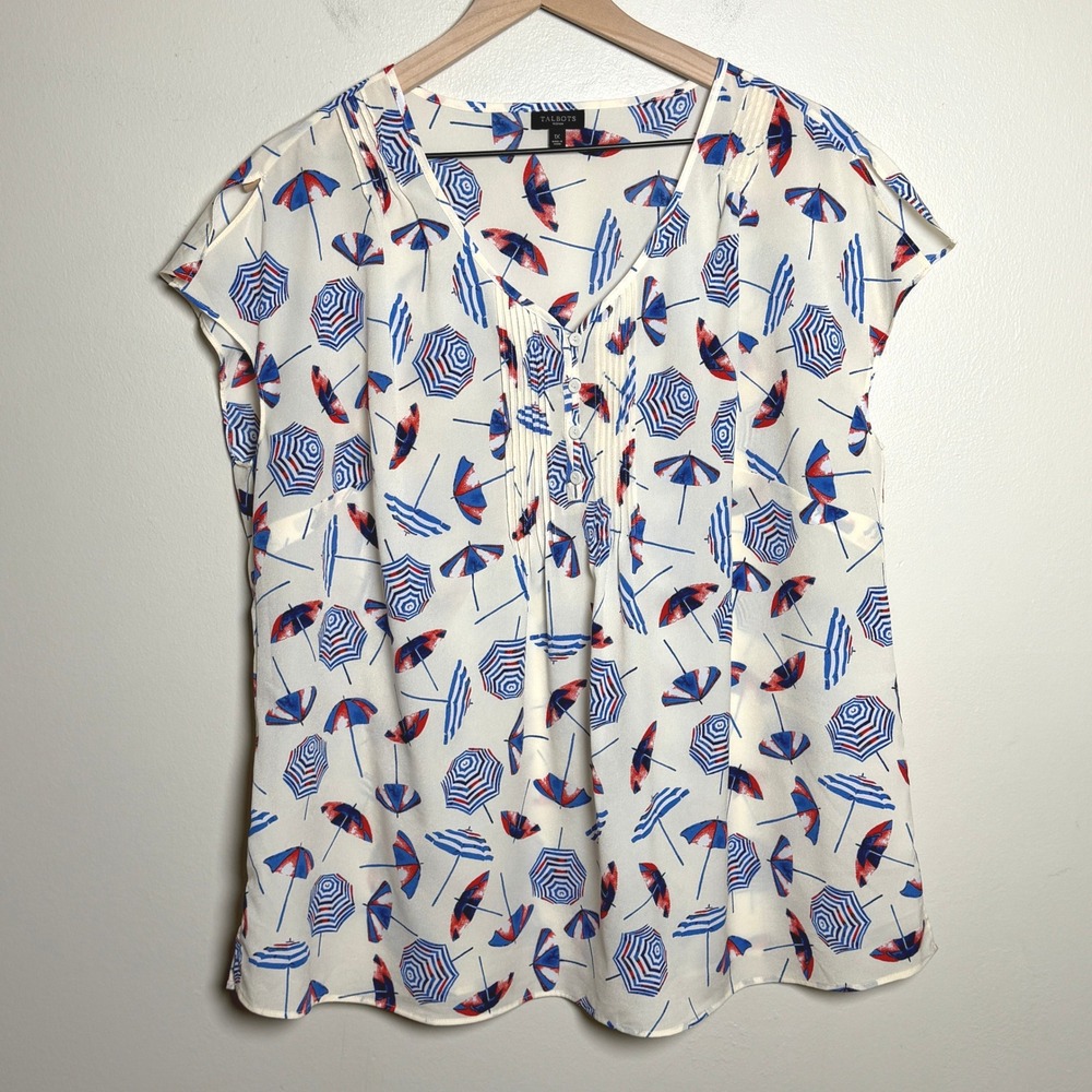 Talbots Women Blouse 1X White Beach Umbrella Print V-Neck Pleated Coastal Preppy